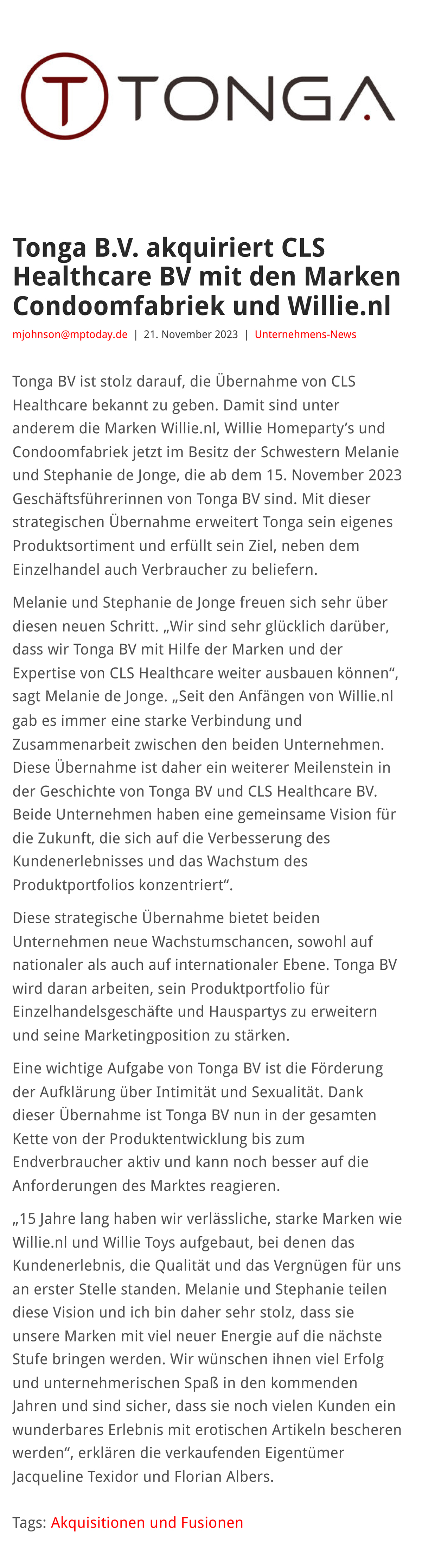 2023-11 eLine Online - Tonga BV akquiriert CLS Healthcare BV mit den Marken Condoomfabriek und Willie